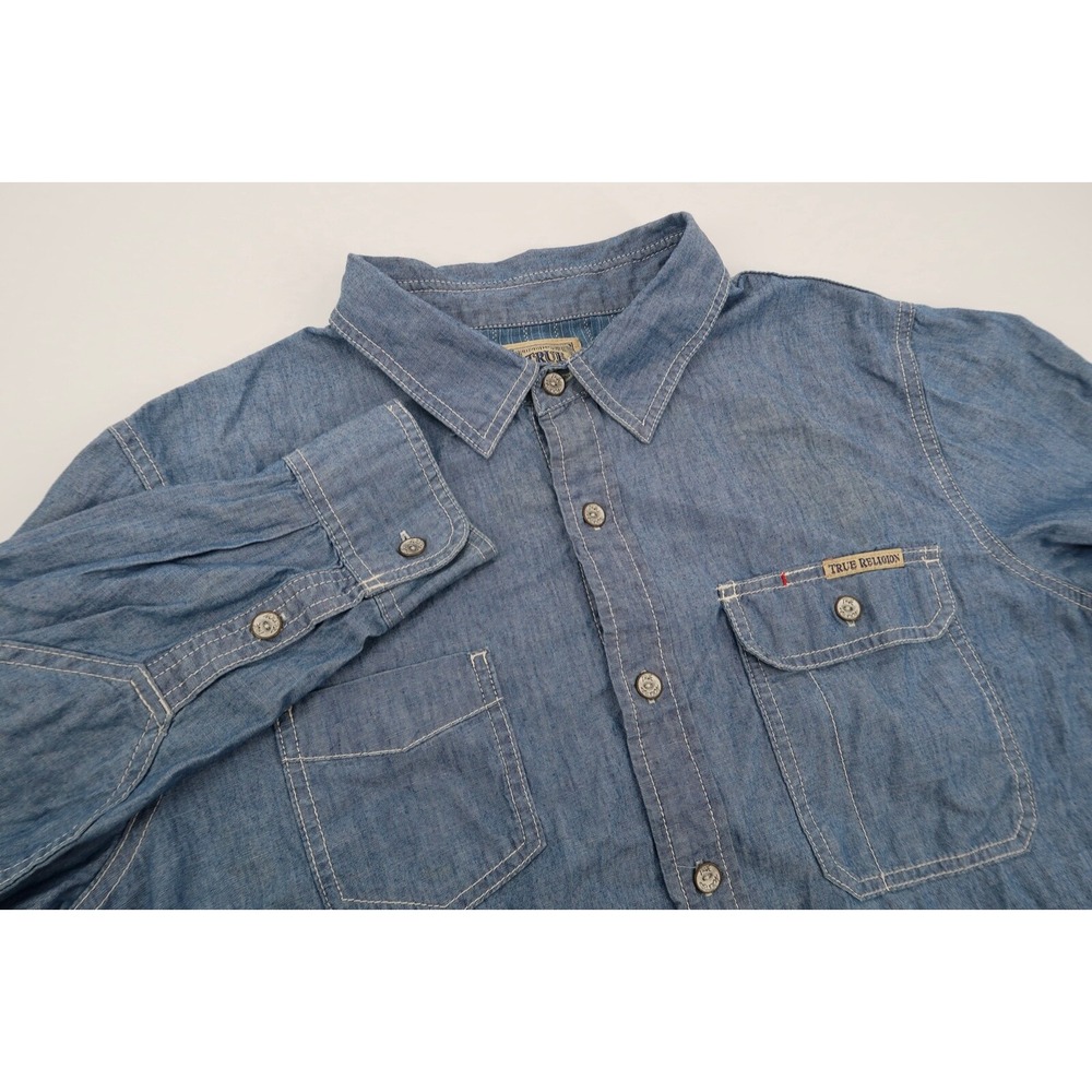 True Religion Mens XL Blue Denim Western Style L/S Button Front Shirt